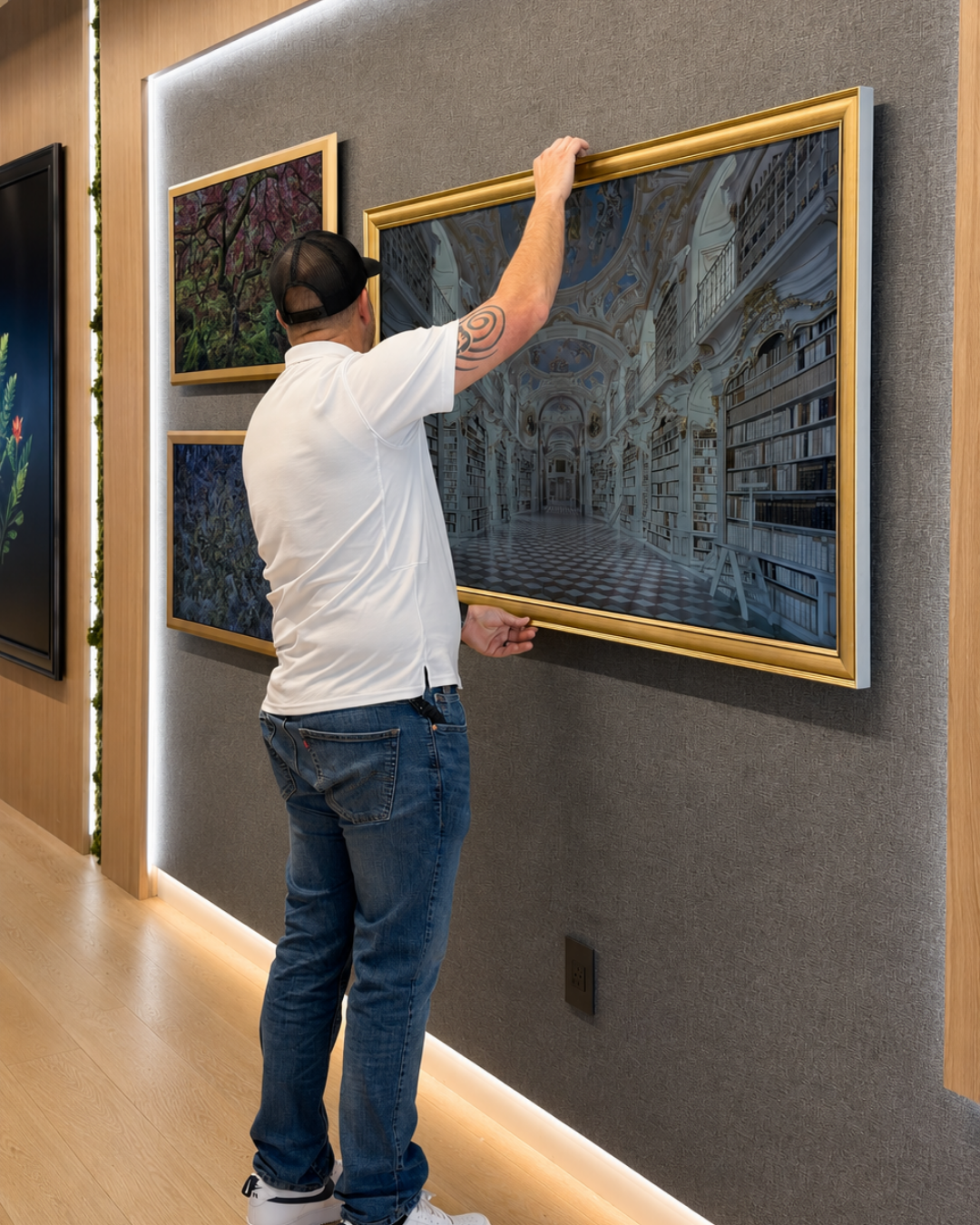 A man in a white polo shirt hanging a large framed artwork on a wall inside a modern showroom or living space.