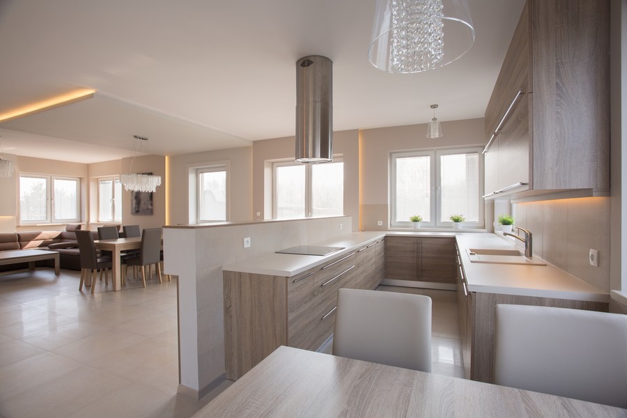 A contemporary, brightly lit, open-concept kitchen, dining, and living space.