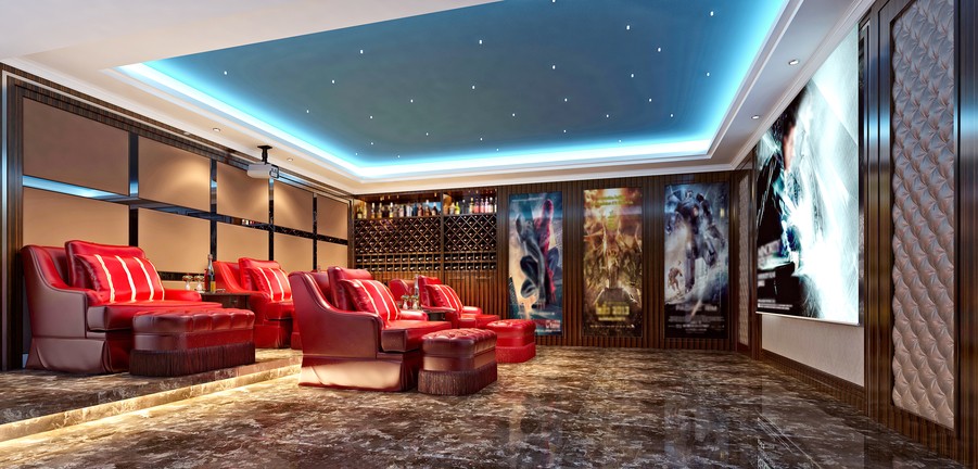 Luxurious home theater with red leather seats and projector. 
